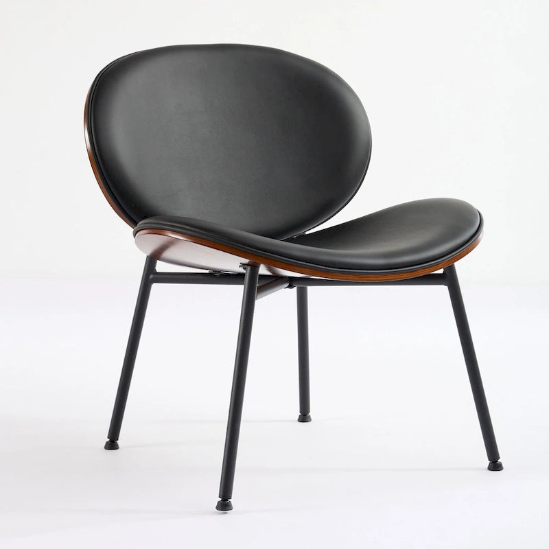 Mid-Century Modern Shell Chair Single Side Chair Tripod Black Leather Lounge Chair in Walnut Finish Comfortable Backrest