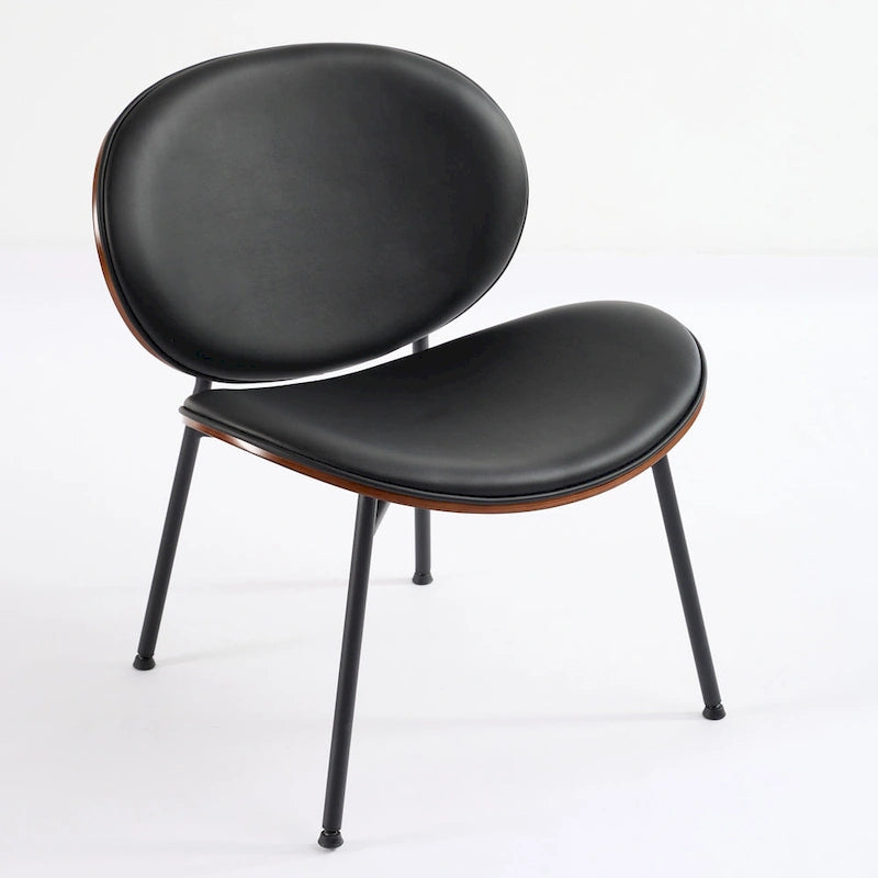 Mid-Century Modern Shell Chair Single Side Chair Tripod Black Leather Lounge Chair in Walnut Finish Comfortable Backrest