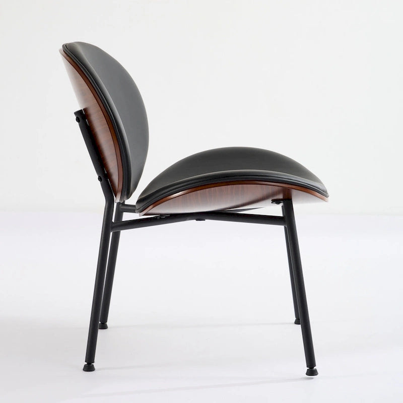 Mid-Century Modern Shell Chair Single Side Chair Tripod Black Leather Lounge Chair in Walnut Finish Comfortable Backrest