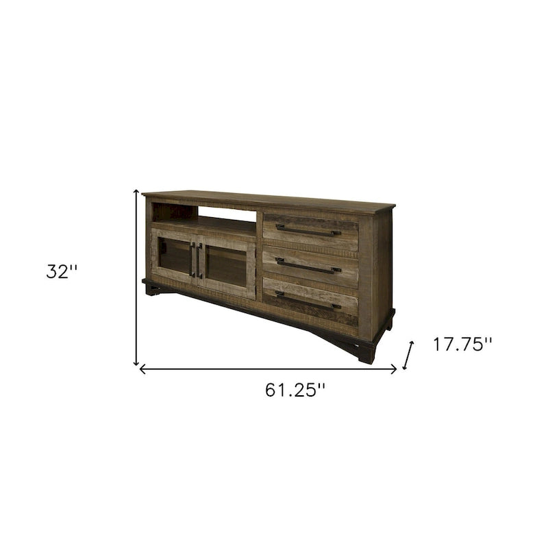 61 Brown Solid Wood Cabinet Enclosed Storage Distressed TV Stand - 61.25' X '32' X '17.75