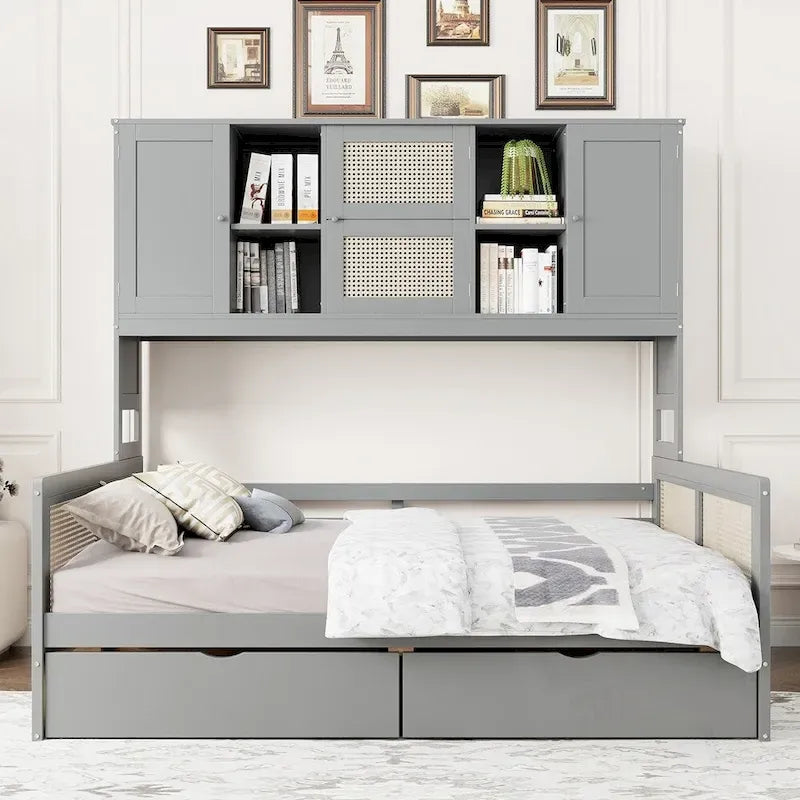 Holz-Tagesbett mit 2 Schubladen sowie integriertem Schrank und Regal