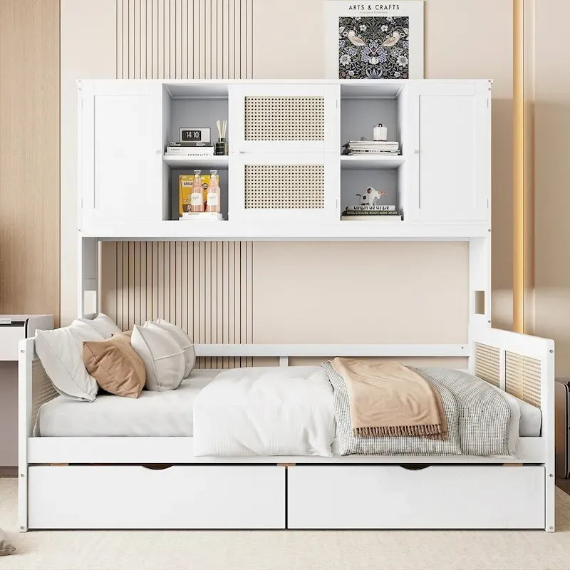 Holz-Tagesbett mit 2 Schubladen sowie integriertem Schrank und Regal