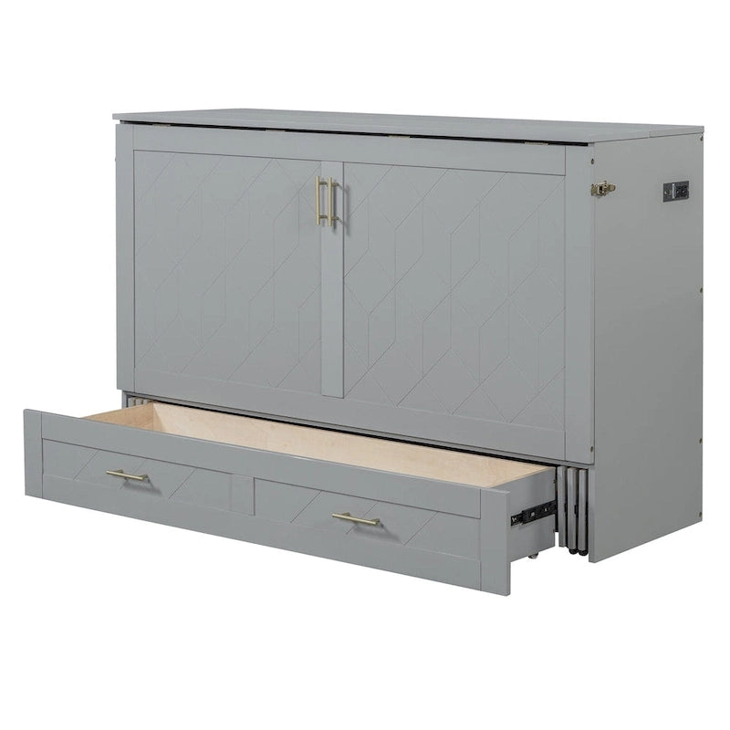 Queen Size Murphy Bed Wall Bed with drawer and a set of Sockets & USB Ports, Pulley Structure Design