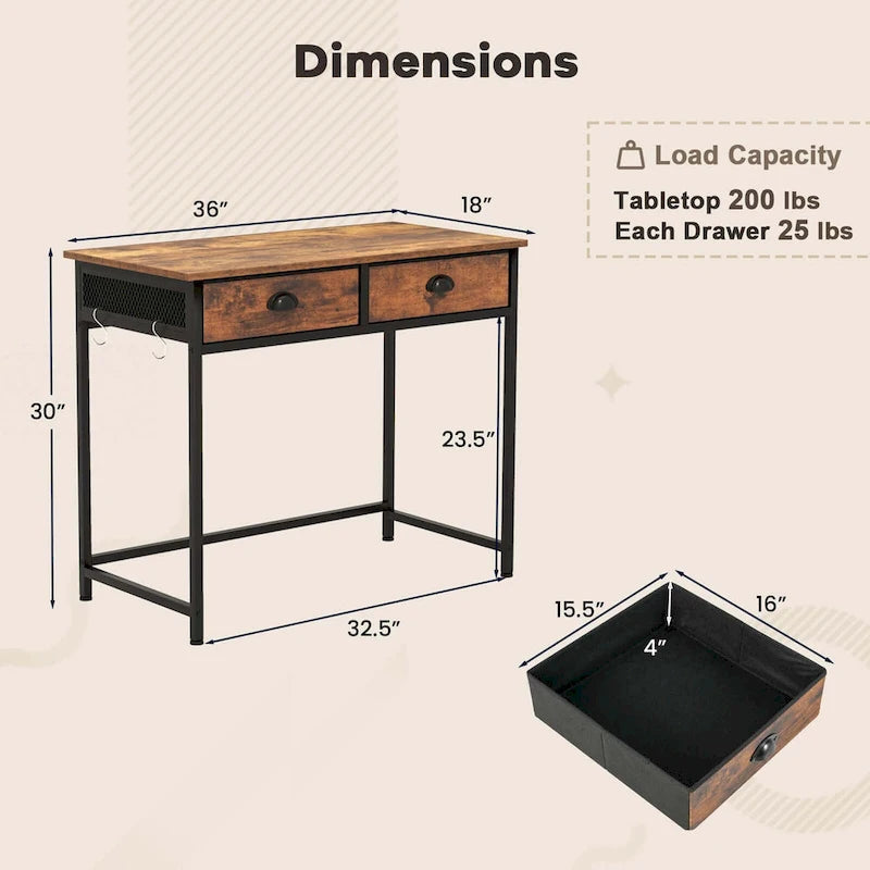 Space Saving Home Computer Desk with 2 Fabric Drawers 4
