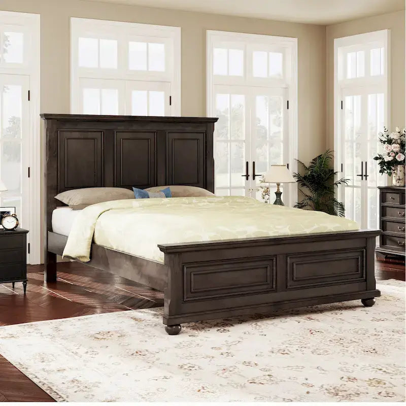 Brown King Size Traditional Style Pinewood Platform Bed with Wooden Slats Support for Bedroom