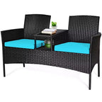 Costway Patio Rattan Conversation Set Seat Sofa Cushioned Loveseat Glass Table Chair Red\Turquoise