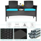 Costway Patio Rattan Conversation Set Seat Sofa Cushioned Loveseat Glass Table Chair Red\Turquoise