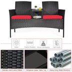 Costway Patio Rattan Conversation Set Seat Sofa Cushioned Loveseat Glass Table Chair Red\Turquoise