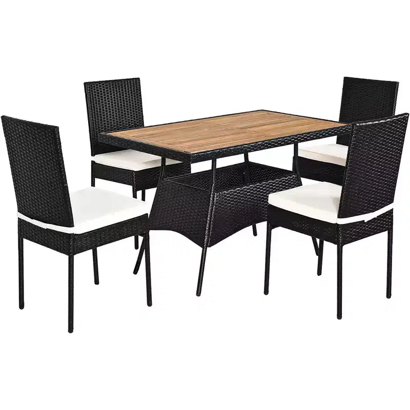 Costway 5 PCS Patio Rattan Furniture Set Wood Top Table Cushioned Chairs Garden Yard Deck