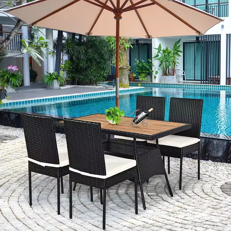 Costway 5 PCS Patio Rattan Furniture Set Wood Top Table Cushioned Chairs Garden Yard Deck