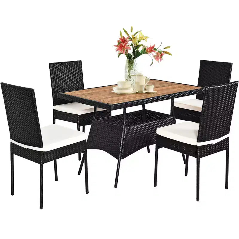 Costway 5 PCS Patio Rattan Furniture Set Wood Top Table Cushioned Chairs Garden Yard Deck