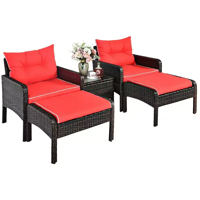 Costway 5 PCS Patio Rattan Furniture Set Sofa Ottoman Table Cushioned Yard Red