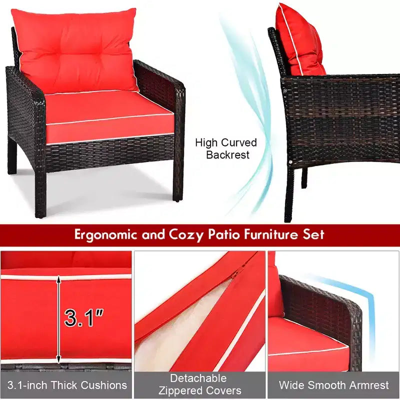 Costway 5 PCS Patio Rattan Furniture Set Sofa Ottoman Table Cushioned Yard Red