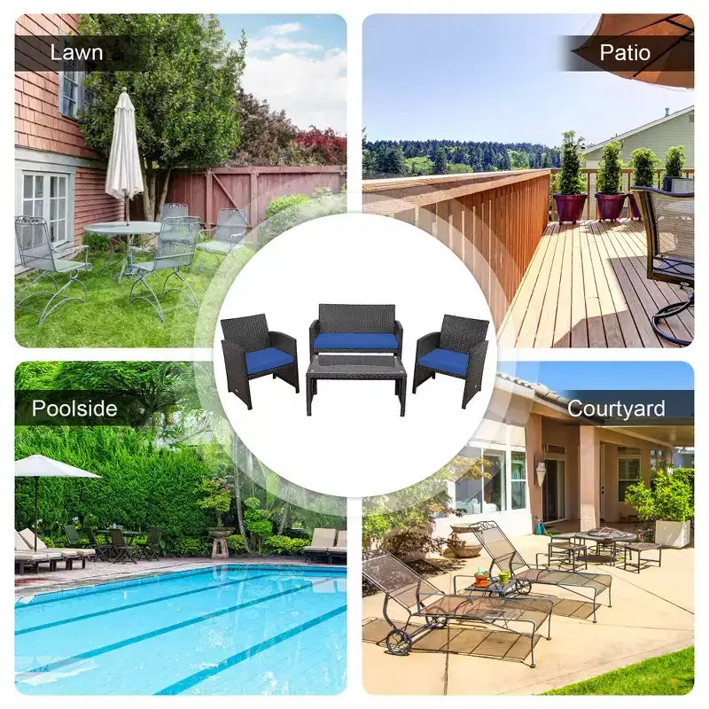 Costway 8PCS Patio Rattan Furniture Set Cushioned Chair Sofa Coffee Table White\Navy\Turquoise\Red