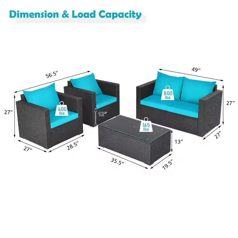 Costway 4PCS Patio Rattan Cushioned Sofa Chair Coffee Table Turquoise