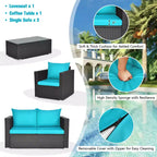 Costway 4PCS Patio Rattan Cushioned Sofa Chair Coffee Table Turquoise