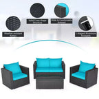 Costway 4PCS Patio Rattan Cushioned Sofa Chair Coffee Table Turquoise