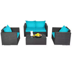 Costway 4PCS Patio Rattan Cushioned Sofa Chair Coffee Table Turquoise