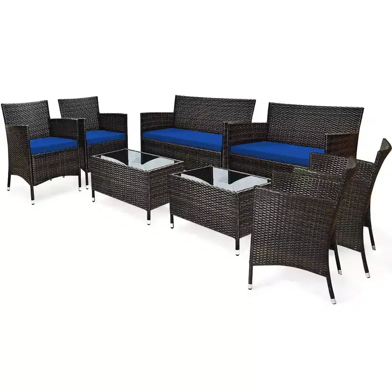 Costway 8PCS Rattan Patio Furniture Set Cushioned Sofa Chair Coffee Table Red\Brown\Turquoise