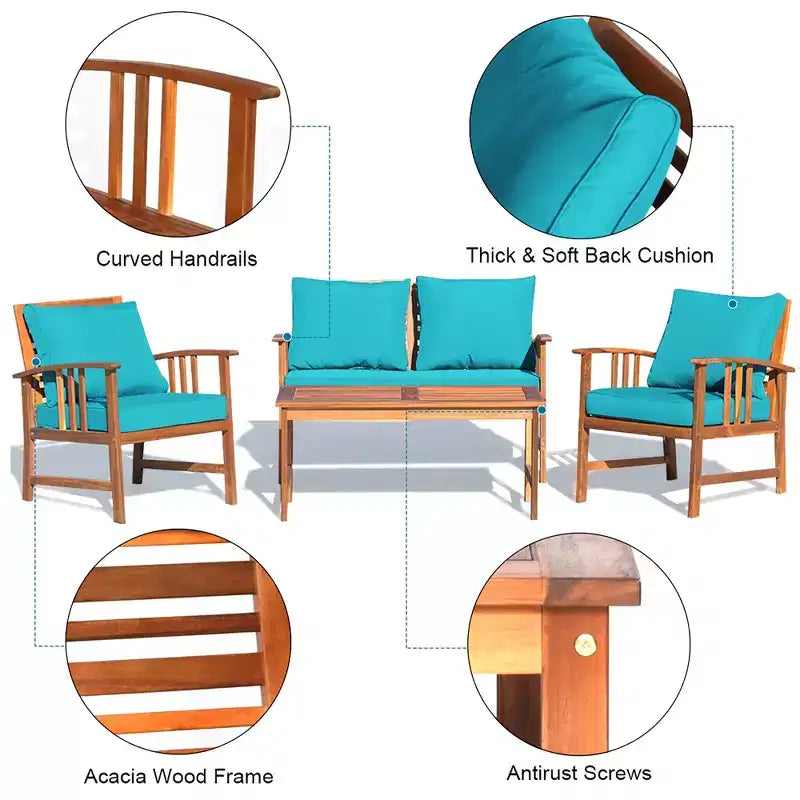 Costway 4PCS Wooden Patio Furniture Set Table Sofa Chair Cushioned Garden Turquoise
