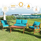 Costway 4PCS Wooden Patio Furniture Set Table Sofa Chair Cushioned Garden Turquoise