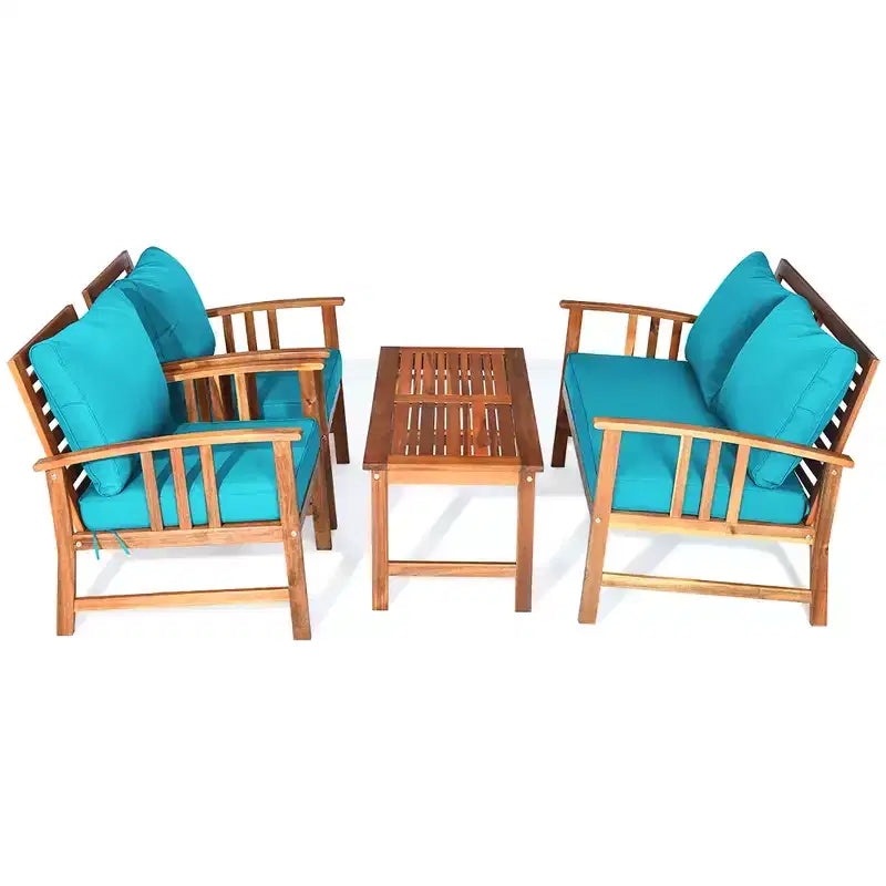 Costway 4PCS Wooden Patio Furniture Set Table Sofa Chair Cushioned Garden Turquoise