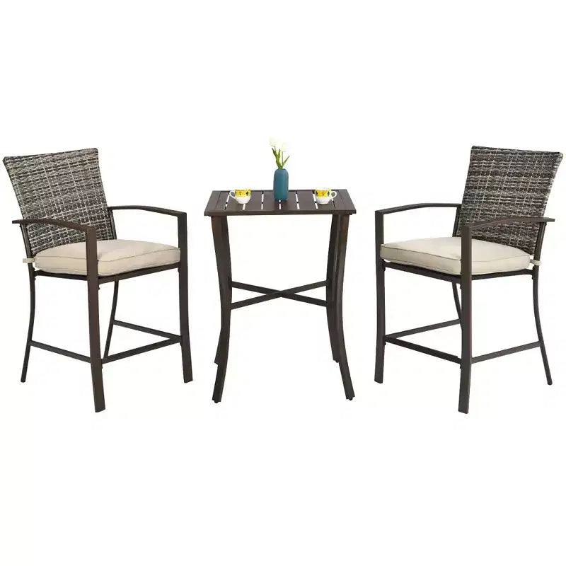 Costway 3PCS Patio Rattan Bar Furniture Set Slat Table 2 Cushioned Stools Poolside Brown