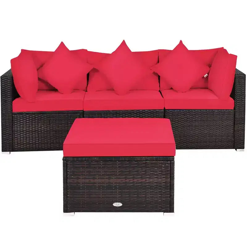 Costway 4PCS Patio Rattan Wicker Furniture Set Cushioned Sofa Ottoman Garden Turquoise\Red