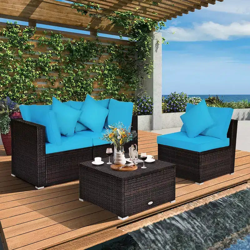 Costway 4PCS Patio Rattan Wicker Furniture Set Cushioned Sofa Ottoman Garden Turquoise\Red