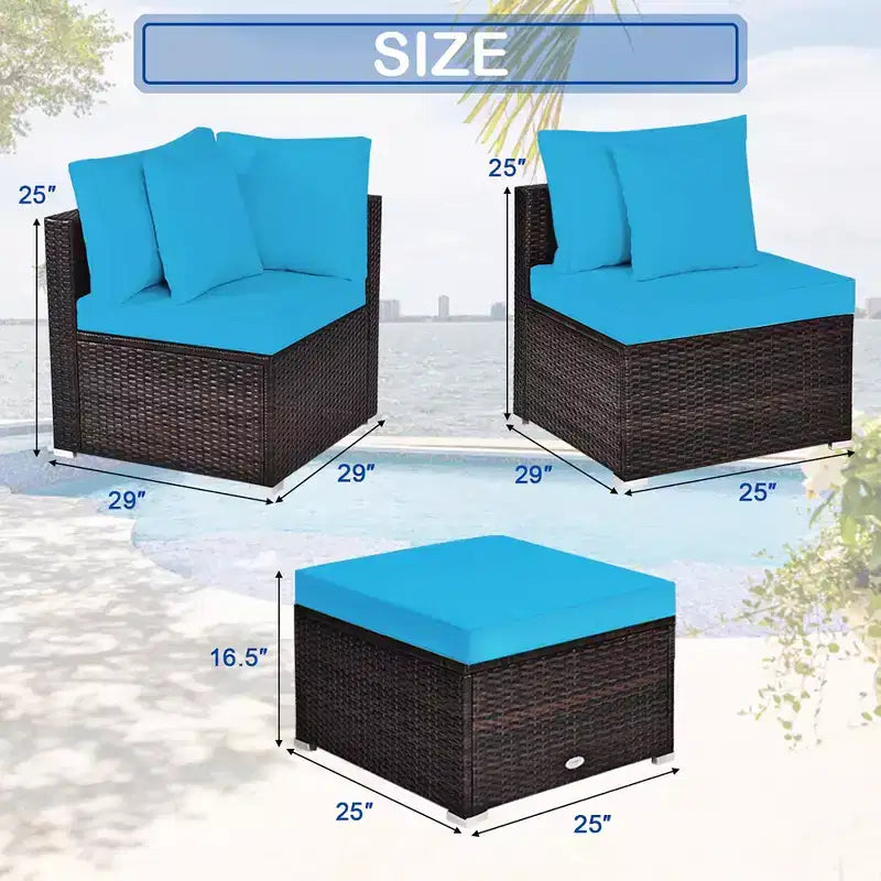 Costway 4PCS Patio Rattan Wicker Furniture Set Cushioned Sofa Ottoman Garden Turquoise\Red