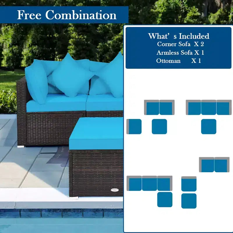 Costway 4PCS Patio Rattan Wicker Furniture Set Cushioned Sofa Ottoman Garden Turquoise\Red