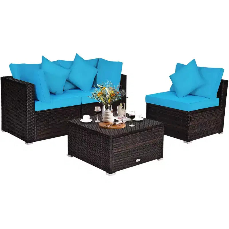 Costway 4PCS Patio Rattan Wicker Furniture Set Cushioned Sofa Ottoman Garden Turquoise\Red