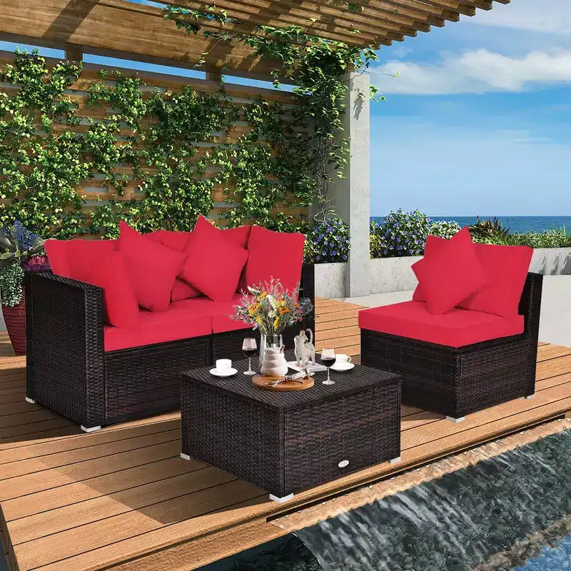 Costway 4PCS Patio Rattan Wicker Furniture Set Cushioned Sofa Ottoman Garden Turquoise\Red