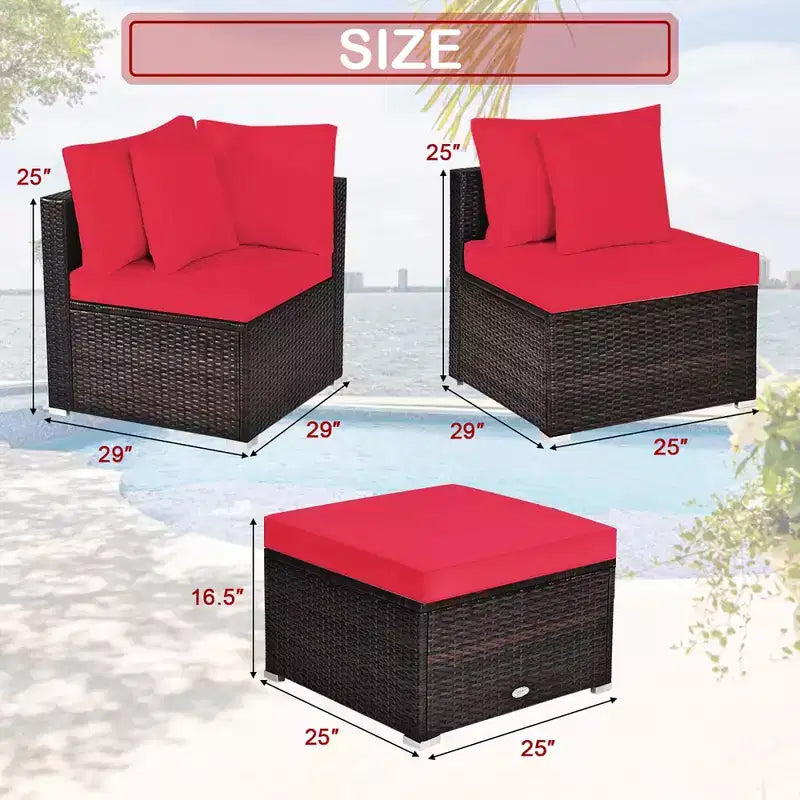 Costway 4PCS Patio Rattan Wicker Furniture Set Cushioned Sofa Ottoman Garden Turquoise\Red