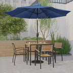 Emma and Oliver 7 Piece Patio Table Set - 4 Synthetic Faux Teak Stackable Chairs - Faux Teak Table - Umbrella with Base