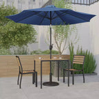 Emma and Oliver 5 Piece Patio Table Set - Synthetic Faux Teak Stackable Chairs - Faux Teak Table - Umbrella with Base
