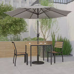 Emma and Oliver 5 Piece Patio Table Set - Synthetic Faux Teak Stackable Chairs - Faux Teak Table - Umbrella with Base