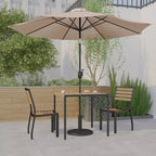Emma and Oliver 5 Piece Patio Table Set - Synthetic Faux Teak Stackable Chairs - Faux Teak Table - Umbrella with Base