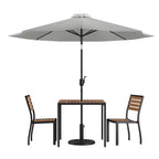 Emma and Oliver 5 Piece Patio Table Set - Synthetic Faux Teak Stackable Chairs - Faux Teak Table - Umbrella with Base