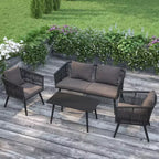Merrick Lane Outdoor Furniture 4 Piece Black Woven Aluminum Frame Loveseat, 2 Chair and Coffee Table Set With Gray Cushions