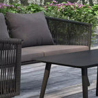 Merrick Lane Outdoor Furniture 4 Piece Black Woven Aluminum Frame Loveseat, 2 Chair and Coffee Table Set With Gray Cushions