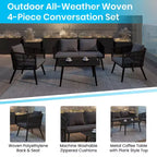 Merrick Lane Outdoor Furniture 4 Piece Black Woven Aluminum Frame Loveseat, 2 Chair and Coffee Table Set With Gray Cushions