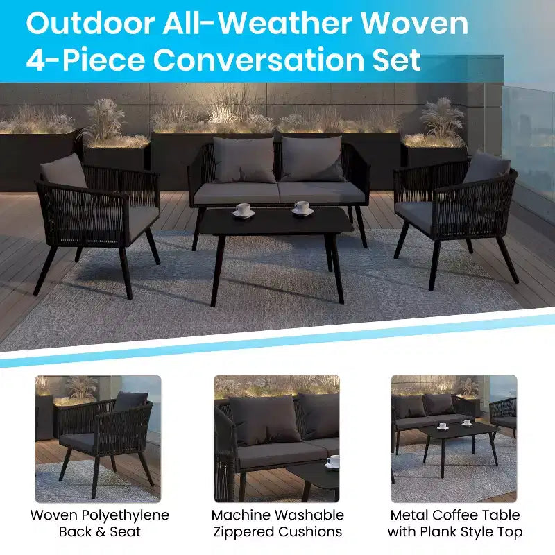 Merrick Lane Outdoor Furniture 4 Piece Black Woven Aluminum Frame Loveseat, 2 Chair and Coffee Table Set With Gray Cushions