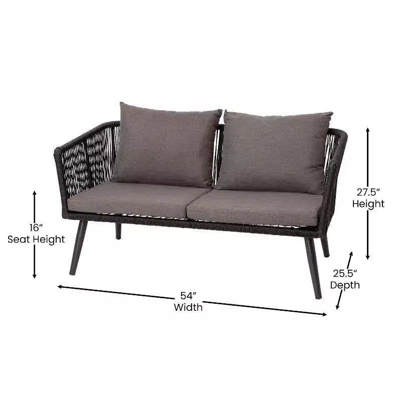 Merrick Lane Outdoor Furniture 4 Piece Black Woven Aluminum Frame Loveseat, 2 Chair and Coffee Table Set With Gray Cushions