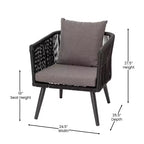 Merrick Lane Outdoor Furniture 4 Piece Black Woven Aluminum Frame Loveseat, 2 Chair and Coffee Table Set With Gray Cushions