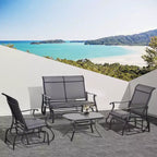 Outsunny 4 Pieces Gliders Set, Outdoor Furniture Sets with 2-Person Glider Patio Bench, Single Sling Chair and Glass Coffee Table, Black