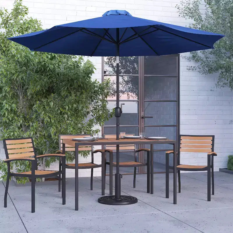 Merrick Lane 7 Piece Dining Set with Umbrella & Base - Steel Framed Table with Umbrella Hole & 4 Club Chairs