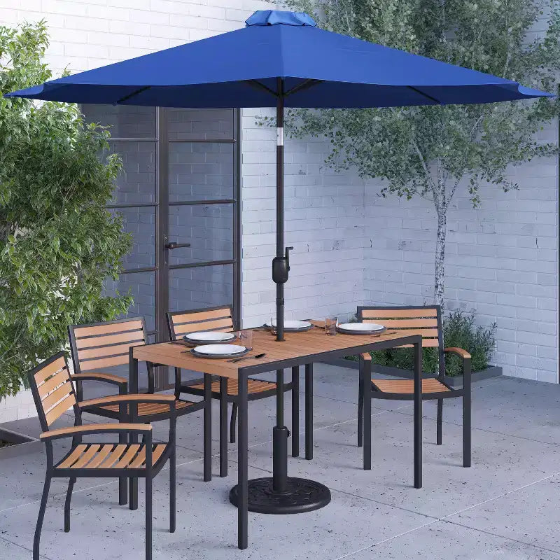 Merrick Lane 7 Piece Dining Set with Umbrella & Base - Steel Framed Table with Umbrella Hole & 4 Club Chairs