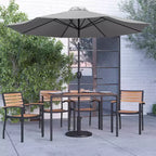 Merrick Lane 7 Piece Dining Set with Umbrella & Base - Steel Framed Table with Umbrella Hole & 4 Club Chairs