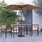 Merrick Lane 7 Piece Dining Set with Umbrella & Base - Steel Framed Table with Umbrella Hole & 4 Club Chairs